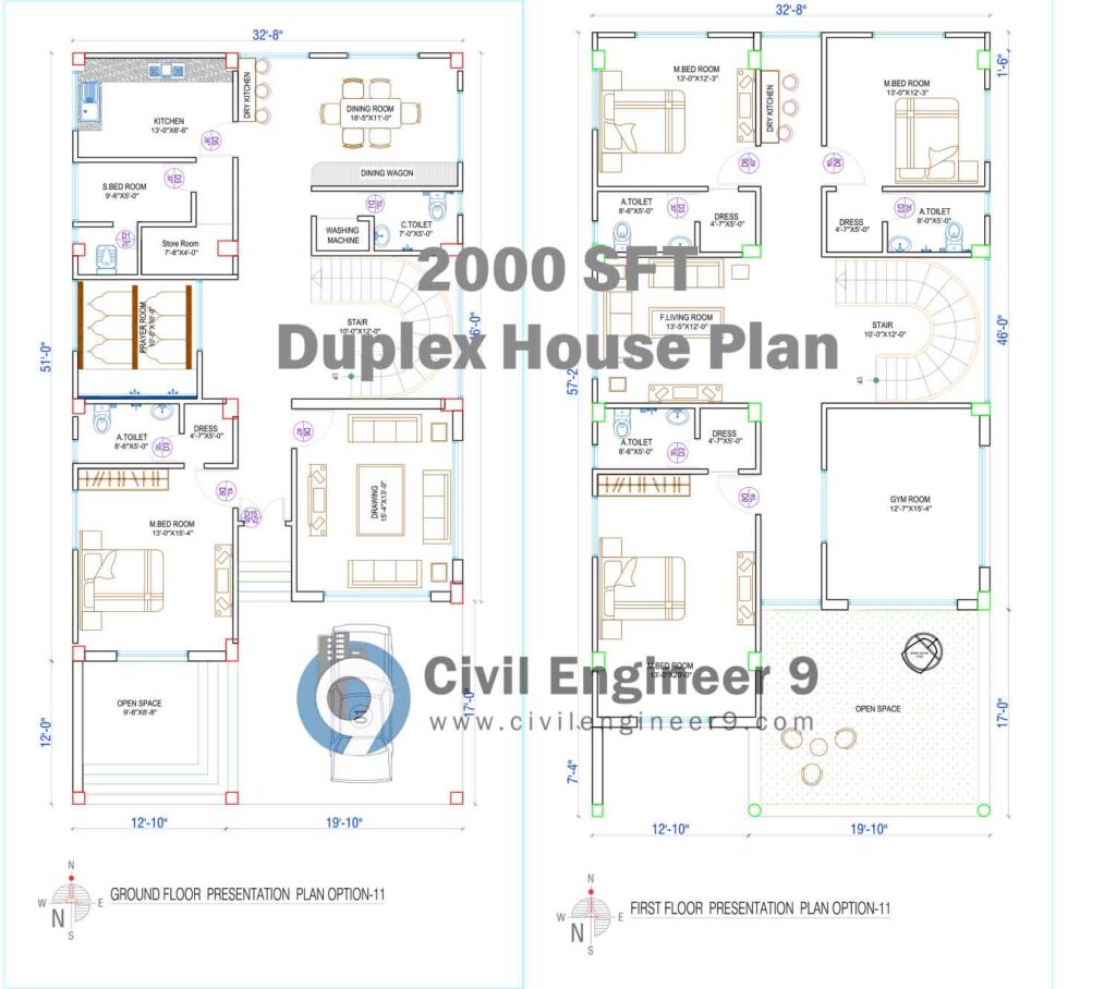 2000 SFT
Duplex House Plan